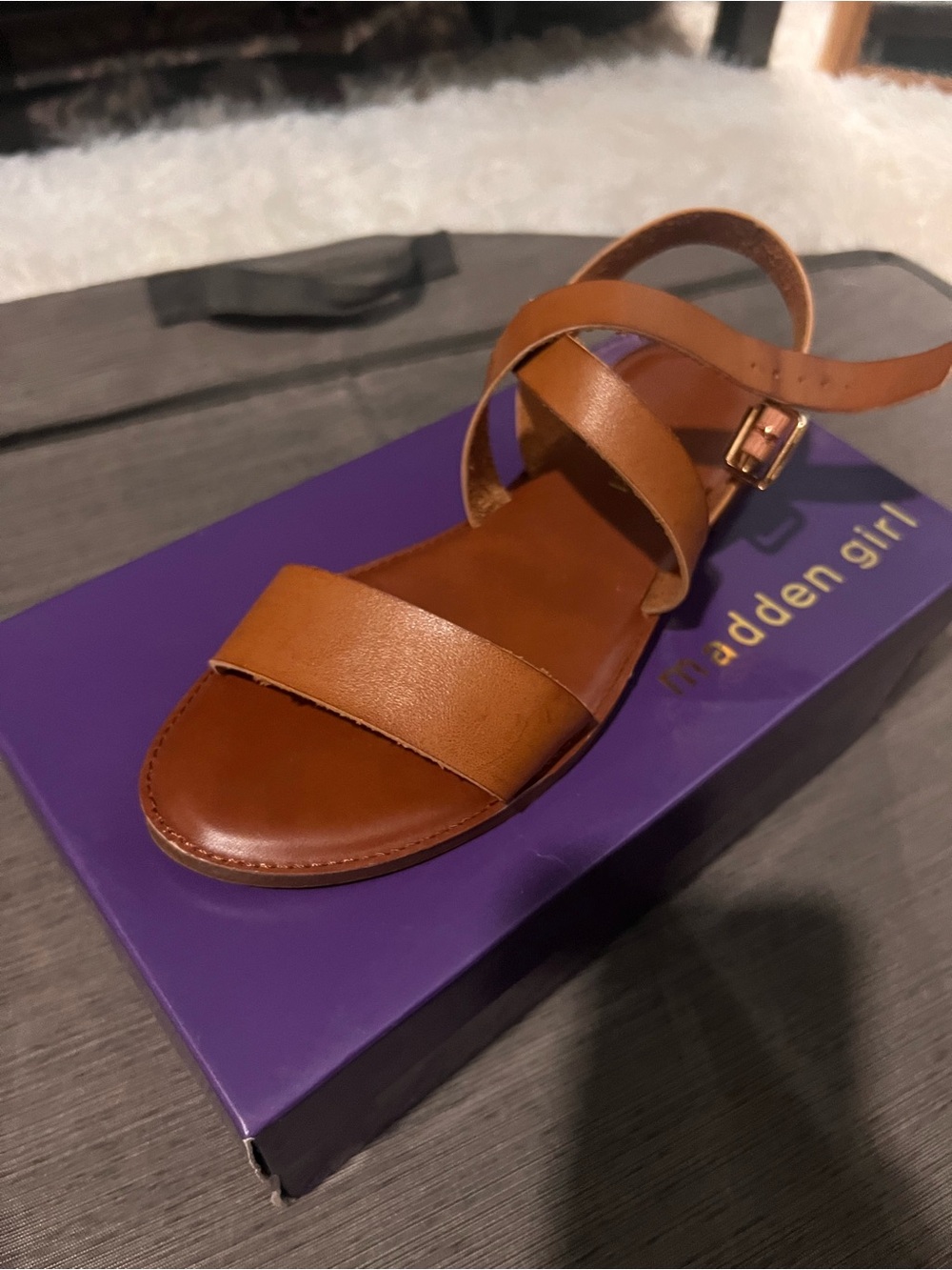 Madden Girl Cognac Leather Two-Strap Ankle Sandals